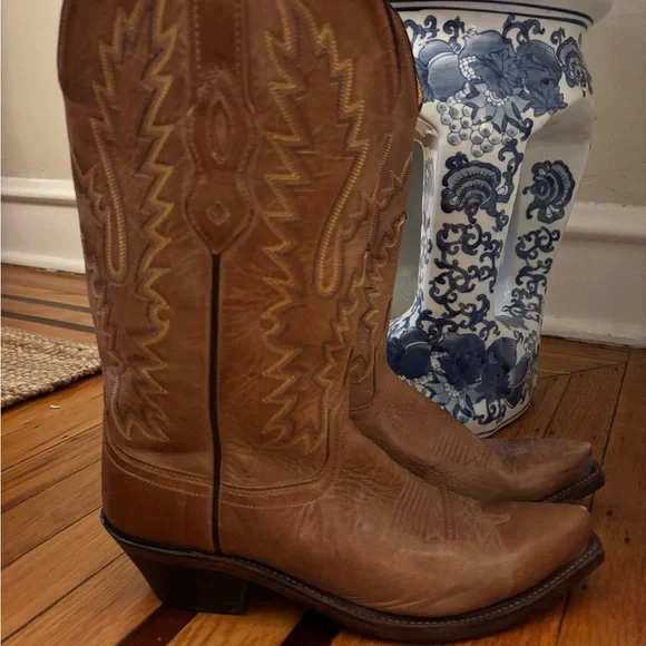 Old West LF1529 Women’s Tan Leather Heeled Cowboy Boots - Picture 4 of 7